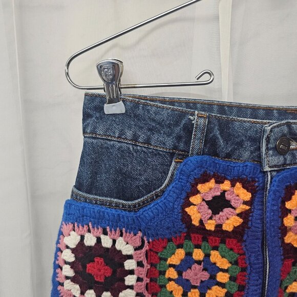 NWOT Farm Rio Denim Crochet Knit Granny Square Shorts Boho Patchwork 28 - Picture 2 of 15
